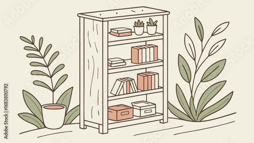 Illustration of wooden bookshelf with books and plants for home decor and interior design ideas
