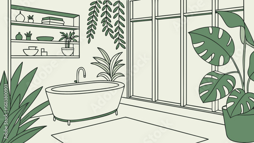 Minimalist bathroom interior design with bathtub plants and shelf for home decor and relaxation spa day