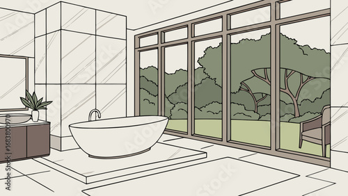 Modern bathroom design ideas with freestanding tub and large windows overlooking garden landscape view