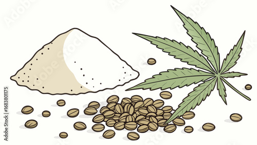Illustration of cannabis sativa leaf and seeds with powder for cbd and thc products usage