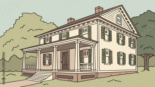 Illustration of a two story house with porch and shutters surrounded by trees for real estate needs