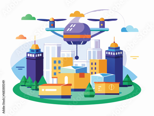 Futuristic drone delivery service bringing packages to modern city buildings