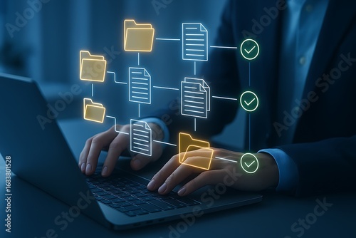 Professional digital document workflow with folders files and approval checks on laptop showing organization structure compliance process productivity efficiency paperless office management 