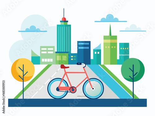 Urban bicycle lane scene with a red bicycle and city skyline