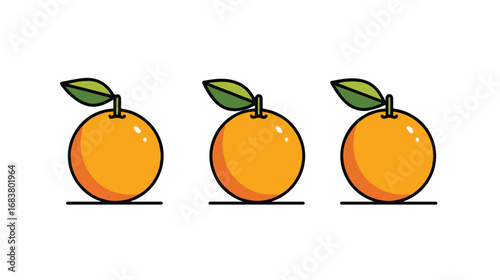 Three vibrant oranges lined up on a white background representing healthy eating and fresh produce concept art