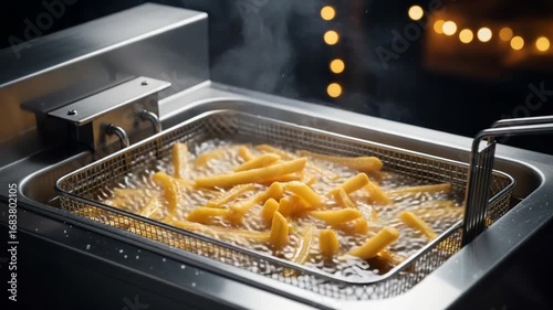 Golden French Fries Deep Frying in Stainless Steel Equipment with Bokeh Background Warm Interior Lighting