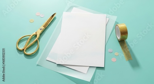 Gold scissors and tape on a turquoise background with blank paper sheets and confetti