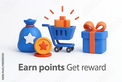 Earn points and get rewards with a shopping cart full of gifts a money bag and a golden coin