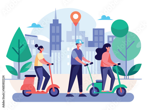 People enjoying electric scooters in a modern city park for eco-friendly urban mobility