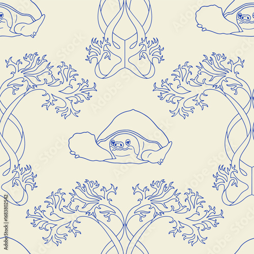 Cute sea turtles and algae coastal toile seamless pattern vector illustration