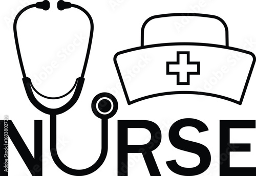 Nurse Medical Healthcare Stethoscope Hat Symbol Illustration Black and white background