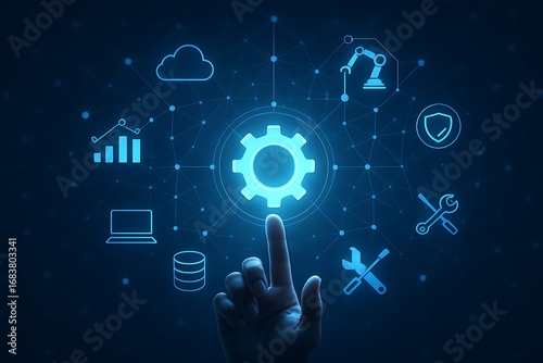 Industrial automation technology with hand activating glowing gear icon surrounded by cloud robotics security tools database laptop analytics network symbols digital transformation productivity 