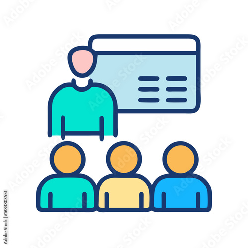 Vector graphic illustration of a teaching presentation scene