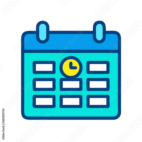 Calendar icon with clock face against black background, planning