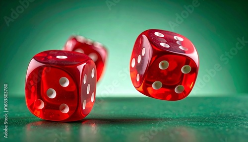 Three red dice in mid-air against a green background