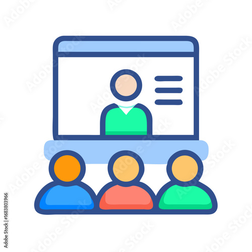 Webinar illustration with a presenter and online audience