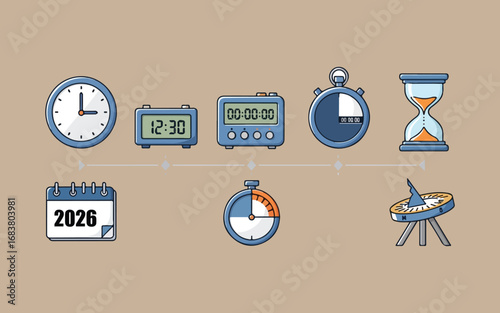 Diverse collection of timekeeping devices and tools for project management and scheduling