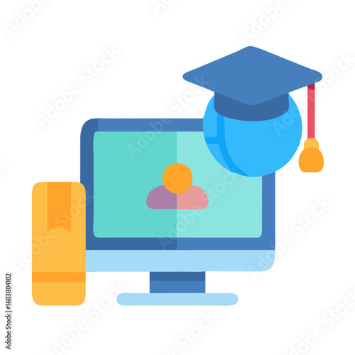 Online education flat design featuring graduation cap and computer