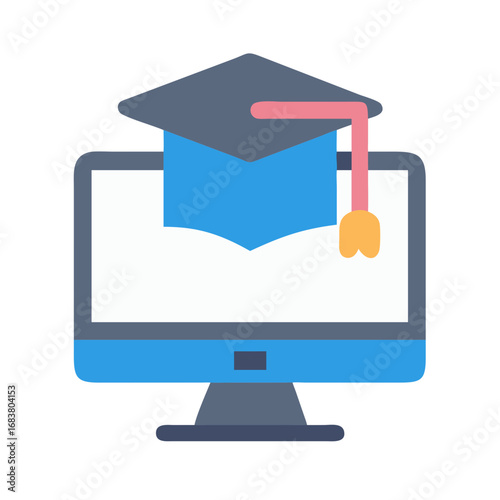 Online education concept with graduation cap and computer monitor