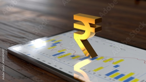 Indian rupee symbol on a tablet displaying financial charts, representing digital economy, online banking, and investment opportunities in india