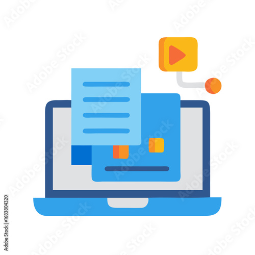 Laptop displaying documents and video content in flat design
