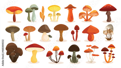 Variety of Hand Drawn Mushrooms on White Background Edible and Poisonous Fungi Autumn Forest
