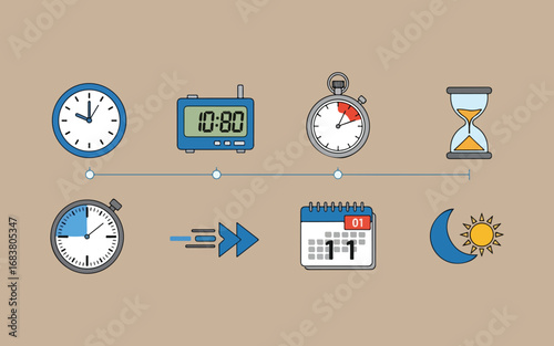 Collection of diverse timekeeping devices and icons representing time management and scheduling