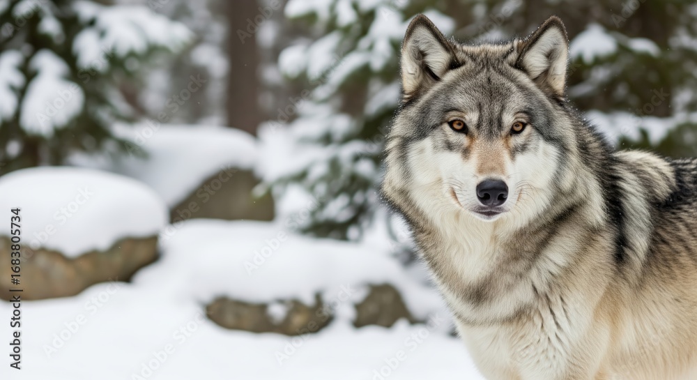 Obraz premium Majestic gray wolf stands in snow-covered forest during winter morning light