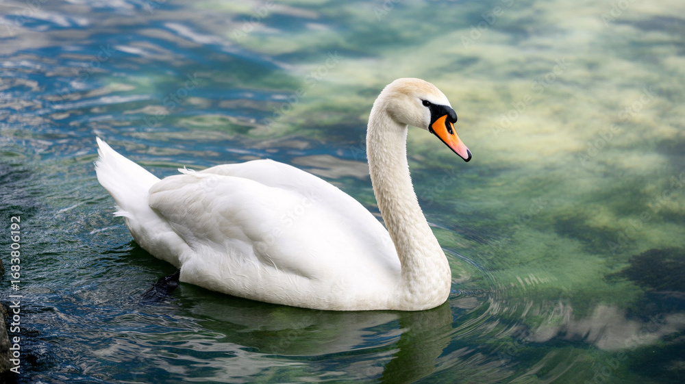 Naklejka premium Graceful white swan glides serenely on shimmering blue water, exuding elegance and tranquility.
