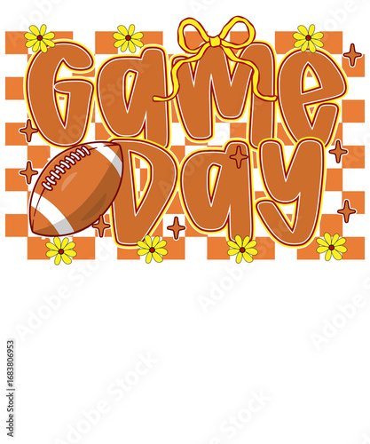 Game Day text with football and flowers on an orange background lettering phrase