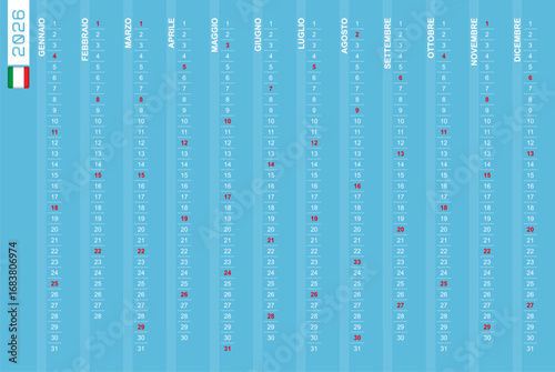 One-row vertical calendar for the year 2026 in Italian. Italian calendar for 2026 with highlighted Sundays.