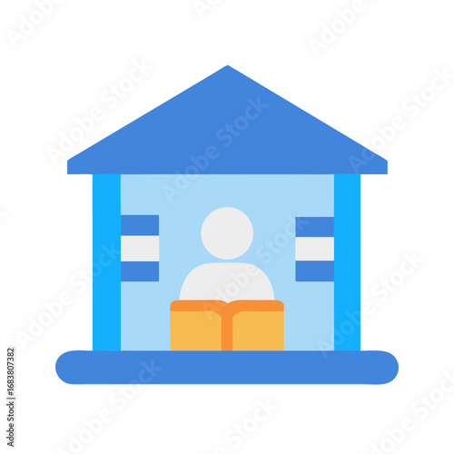 Stylized blue learning institution with student reading a book