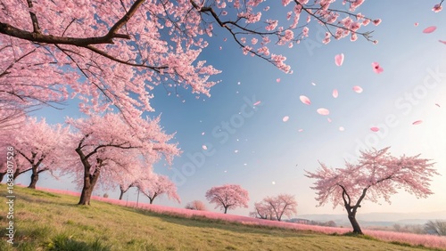 Blooming sakura trees in Koishikawa Korakuen garden, Okayama, Japan. Japanese hanami festival. Cherry blossoming season in Japan. Beautiful nature spring scene with a branch of blooming sakura