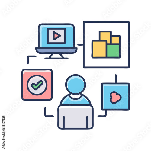 Abstract person connecting with digital content and business data
