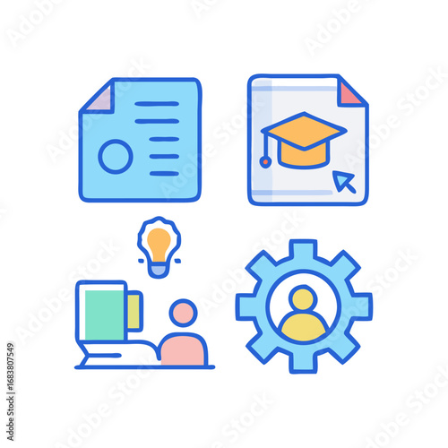 Icon set displaying learning process and successful graduation online