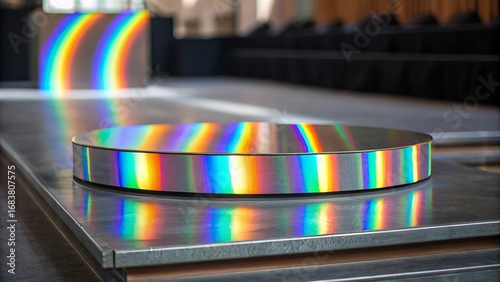 Modern podium with striking holographic rainbow reflections capturing light and color dynamic display