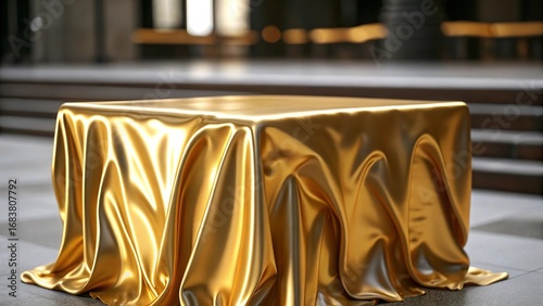 Surreal melting golden podium with flowing fabric textures evokes opulence and transformation