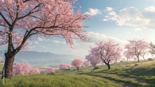 Blooming sakura trees in Koishikawa Korakuen garden, Okayama, Japan. Japanese hanami festival. Cherry blossoming season in Japan. Beautiful nature spring scene with a branch of blooming sakura