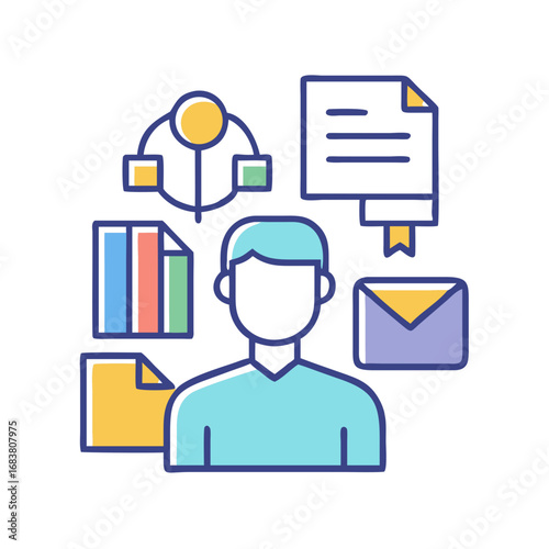 Conceptual graphic showing individual managing various office tasks icons
