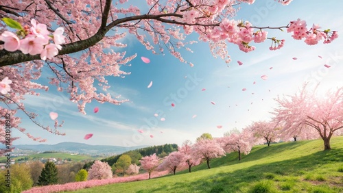 Blooming sakura trees in Koishikawa Korakuen garden, Okayama, Japan. Japanese hanami festival. Cherry blossoming season in Japan. Beautiful nature spring scene with a branch of blooming sakura