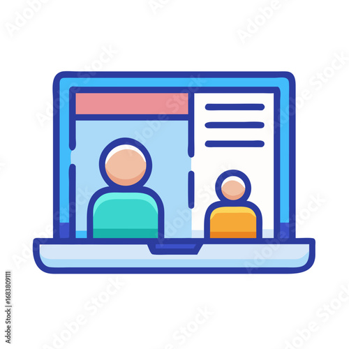 Laptop showing videoconference with two people communication online