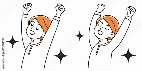 Happy woman stretching with arms raised, feeling refreshed and energized.
