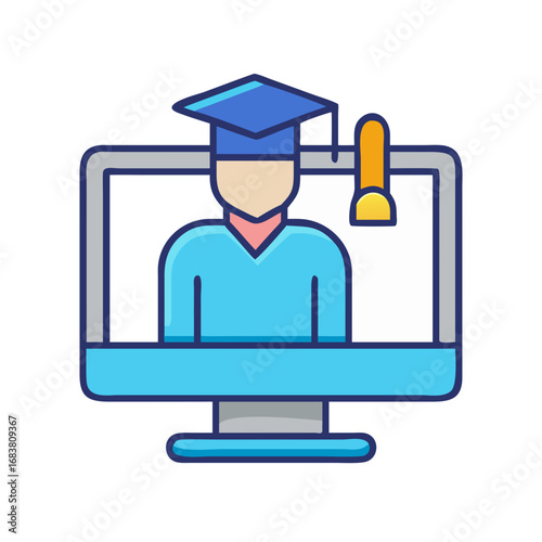 Online education graduation concept on computer screen graphic illustration