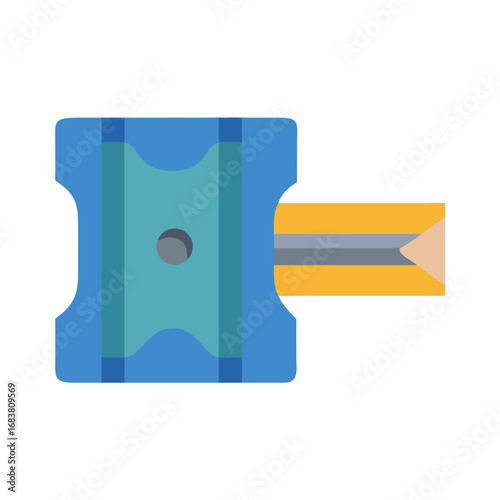 A blue pencil sharpener with a yellow pencil inside