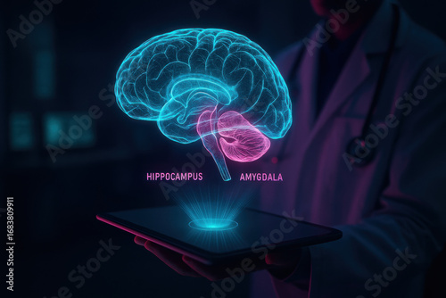 Brain Hologram: Doctor Examining Hippocampus and Amygdala, Illustration