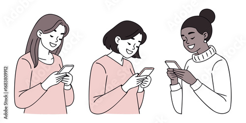 A hand-drawn illustration of three happy, diverse young women using their smartphones.