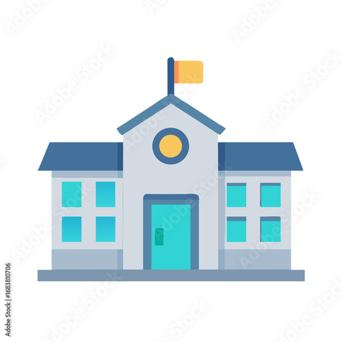 Flat design icon of school building with yellow flag