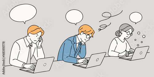 Three people working on laptops, looking stressed, with thought bubbles and chaotic elements.