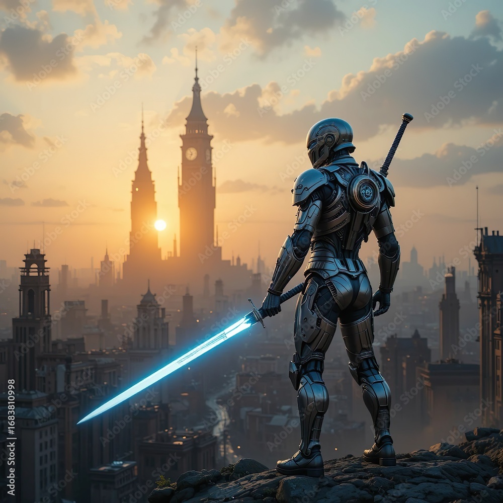 Naklejka premium Cyberpunk Warrior Guarding the Futuristic City, A Glimpse of the Sunset with a Luminous Sword
