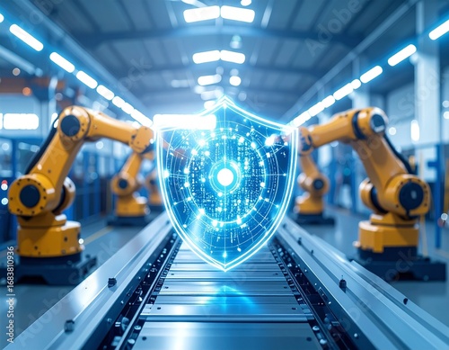 Wallpaper Mural Digital security shield protecting robotic arms in a factory setting Torontodigital.ca